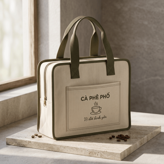 Túi vải canvas dạng hộp phối viền xanh có khóa kéo và quai xách, mẫu túi vải in logo theo yêu cầu Túi vải canvas dạng hộp phối viền xanh có khóa kéo và quai xách, mẫu túi vải in logo theo yêu cầu