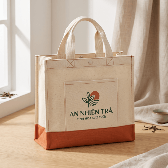 Túi vải canvas màu kem phối đáy màu cam có túi ngoài và nút bấm, mẫu túi vải in logo theo yêu cầu Túi vải canvas màu kem phối đáy màu cam có túi ngoài và nút bấm, mẫu túi vải in logo theo yêu cầu