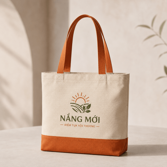 Túi vải canvas màu kem phối đáy và quai màu cam in logo thương hiệu, mẫu túi vải may theo yêu cầu cho doanh nghiệp Túi vải canvas màu kem phối đáy và quai màu cam in logo thương hiệu, mẫu túi vải may theo yêu cầu cho doanh nghiệp