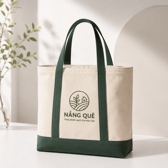 Túi vải canvas màu kem phối quai và đáy màu xanh lá in logo thương hiệu, mẫu túi vải cao cấp may theo yêu cầu Túi vải canvas màu kem phối quai và đáy màu xanh lá in logo thương hiệu, mẫu túi vải cao cấp may theo yêu cầu