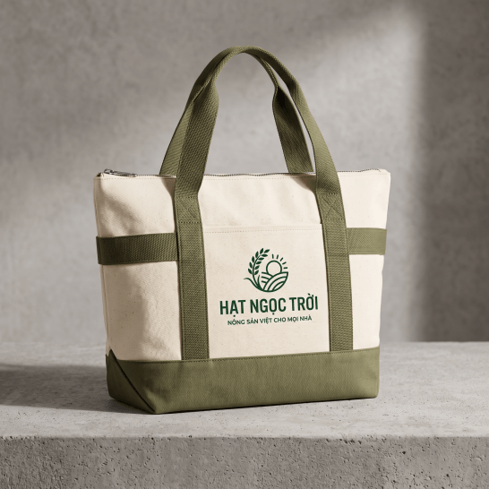 Túi vải canvas màu kem phối quai và đáy màu xanh rêu có khóa kéo, túi ngoài và in logo thương hiệu theo yêu cầu Túi vải canvas màu kem phối quai và đáy màu xanh rêu có khóa kéo, túi ngoài và in logo thương hiệu theo yêu cầu