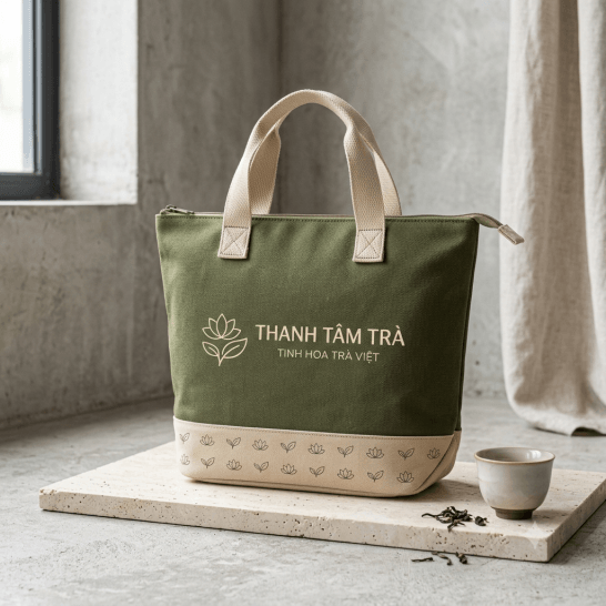 Túi vải canvas màu xanh rêu phối kem có khóa kéo và quai ngắn, mẫu túi vải in logo theo yêu cầu Túi vải canvas màu xanh rêu phối kem có khóa kéo và quai ngắn, mẫu túi vải in logo theo yêu cầu
