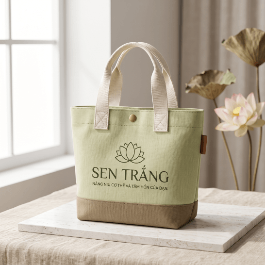 Túi vải canvas mini màu xanh nhạt phối đáy màu be, quai kem và in logo thương hiệu theo yêu cầu Túi vải canvas mini màu xanh nhạt phối đáy màu be, quai kem và in logo thương hiệu theo yêu cầu