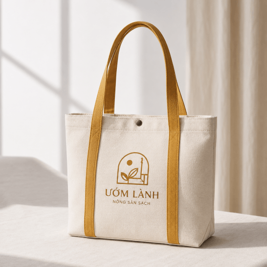Túi vải canvas màu kem quai dài màu vàng có nút bấm và in logo thương hiệu, mẫu túi vải cao cấp theo yêu cầu Túi vải canvas màu kem quai dài màu vàng có nút bấm và in logo thương hiệu, mẫu túi vải cao cấp theo yêu cầu