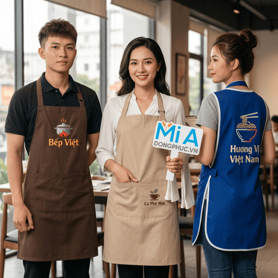 In và thêu logo trên tạp dề nhà hàng tại ngực trái miệng túi và lưng tạp dề