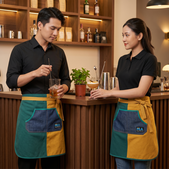 Mẫu tạp dề đeo hông cho quán ăn phối màu xanh vàng phối túi denim