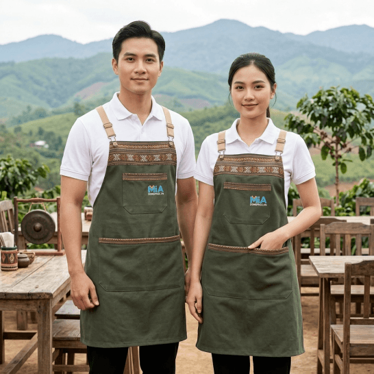 Mẫu tạp dề nhà hàng dây chữ X màu xanh rêu phối thổ cẩm