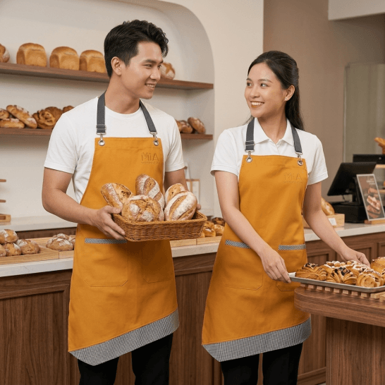 Mẫu tạp dề quai đeo cổ màu vàng cam phối viền caro đẹp với kiểu dáng đeo cổ