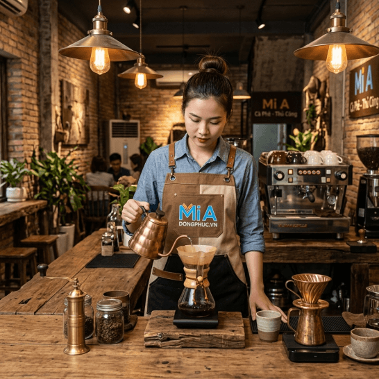 Tạp dề canvas màu nâu phong cách Industrial Vintage cho quán cafe Tạp dề canvas màu nâu phong cách Industrial Vintage cho quán cafe