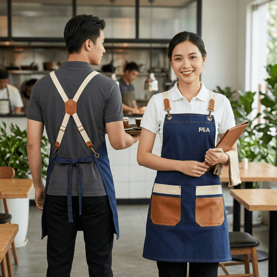 Tạp dề đeo vai dây chữ X cho nhà hàng phối túi da cao cấp