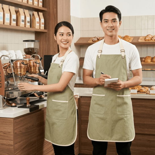 Tạp dề đồng phục dáng dài màu xanh rêu phối kem cho nhân viên pha chế kiểu dáng đeo cổ