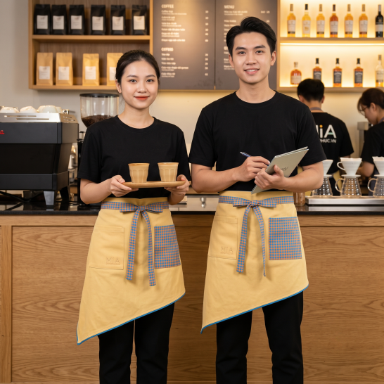 Tạp dề đồng phục đeo eo vạt chéo màu vàng phối caro xanh