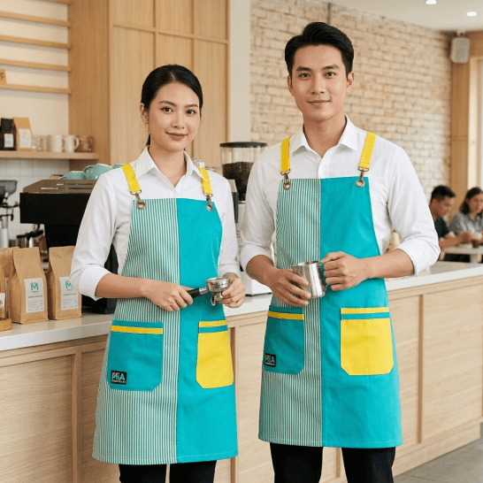 Tạp dề đồng phục nhà hàng dáng chữ H màu xanh ngọc phối sọc