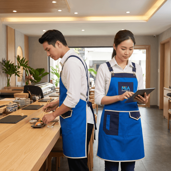 Tạp dề đồng phục nhà hàng dây chữ X màu xanh dương cao cấp