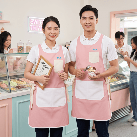 Tạp dề đồng phục nhà hàng kiểu dáng 2 thân màu hồng phối trắng