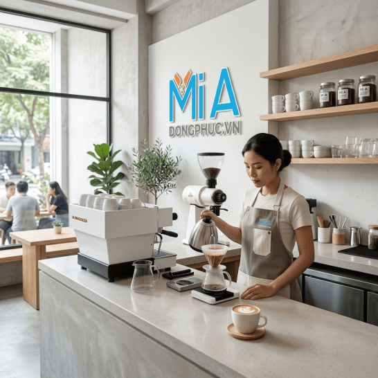 Tạp dề kaki tối giản màu trung tính cho quán cafe hiện đại Tạp dề kaki tối giản màu trung tính cho quán cafe hiện đại