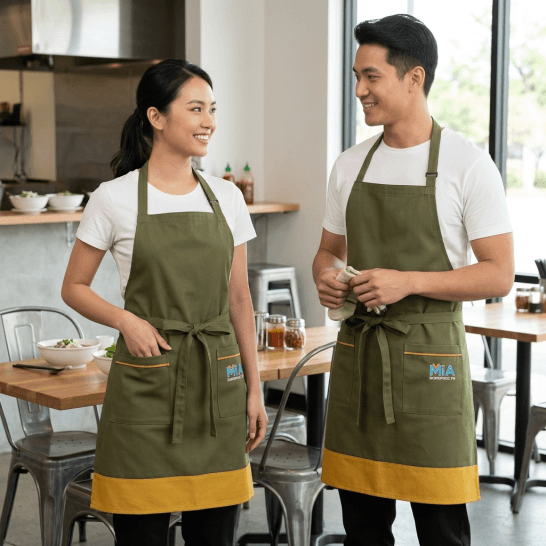 Tạp dề may sẵn cao cấp phối màu xanh rêu phối vàng nghệ kiểu dáng đeo cổ