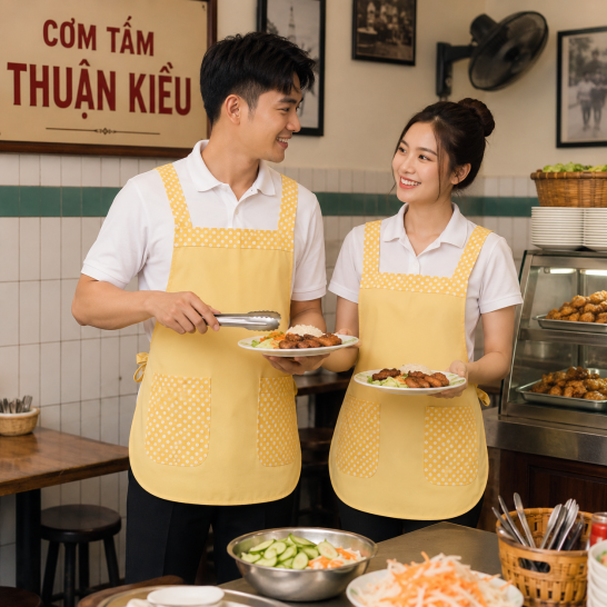 Tạp dề nhà hàng quán ăn 2 thân màu vàng phối chấm bi