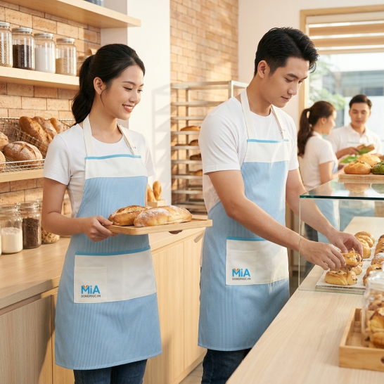 Tạp dề nhà hàng quán ăn kiểu dáng đeo cổ màu xanh sọc trắng