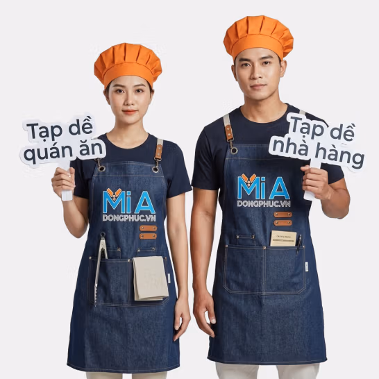 Tạp dề nhà hàng quán ăn may theo yêu cầu in thêu logo