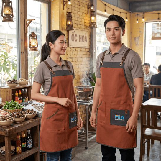 Tạp dề phục vụ quán ăn dây chéo chữ X màu cam đất