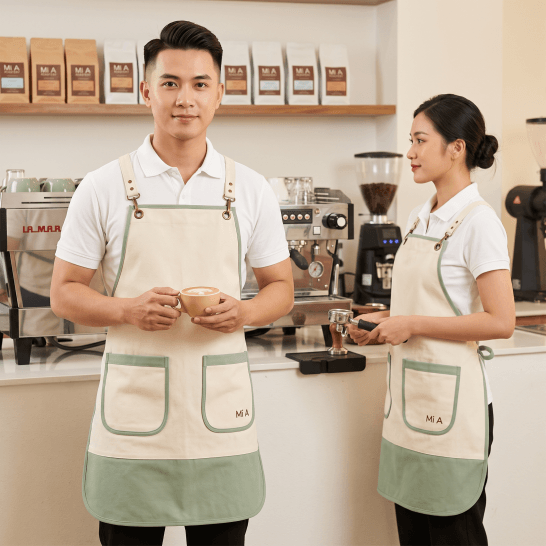 Tạp dề phục vụ quán ăn quai chữ H màu kem viền xanh rêu