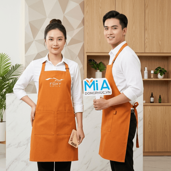 Tạp dề tiệm nail chất liệu canvas màu cam 2 túi đứng in logo Foxy Nails