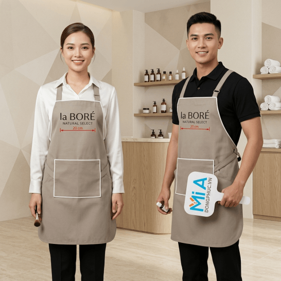 Tạp dề tiệm nail màu be xám in logo la BORÉ Natural Select