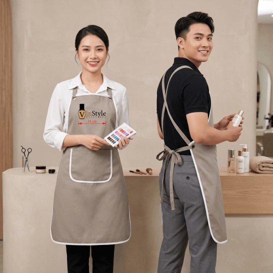 Tạp dề tiệm nail màu be xám in logo VinStyle Nails Spa