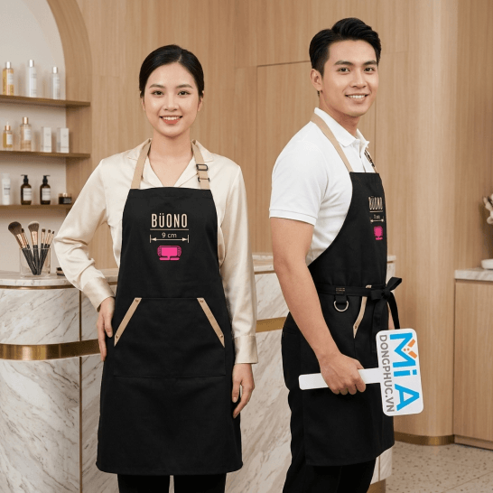 Tạp dề tiệm nail màu đen túi miệng xéo dây màu be in logo Büono