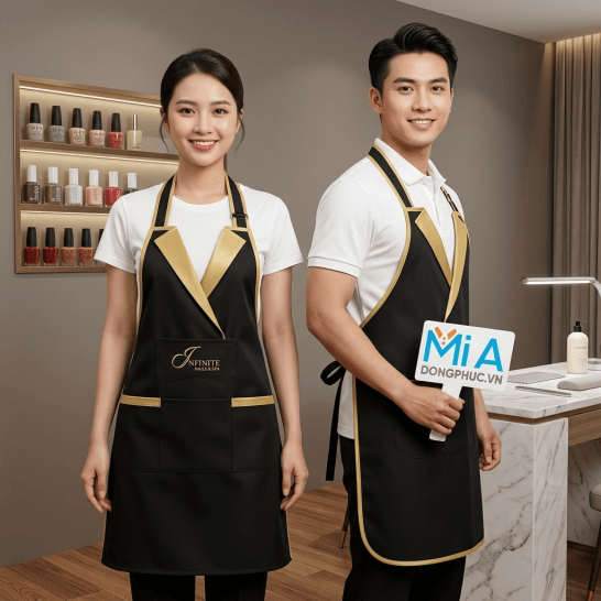 Tạp dề tiệm nail màu đen viền vàng cổ bẻ kiểu vest in logo INFINITE Nails & Spa