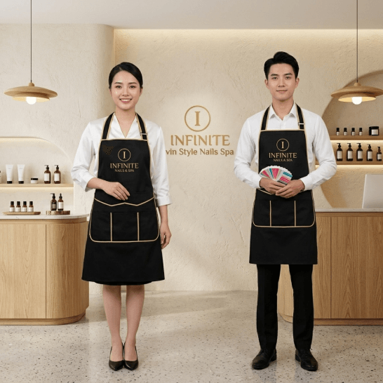 Tạp dề tiệm nail màu đen viền vàng gold 3 túi in logo INFINITE Nails & Spa