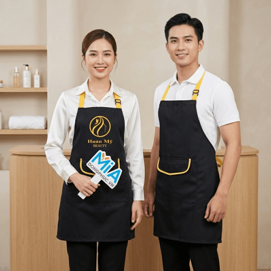 Tạp dề tiệm nail màu đen viền vàng in logo Hoàn Mỹ Beauty