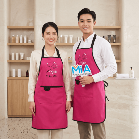 Tạp dề tiệm nail màu hồng sen viền đen in logo Nails Mẫn Mẫn
