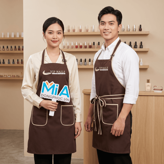 Tạp dề tiệm nail màu nâu đậm viền be dây buộc nơ in logo VIP Nails and Spa