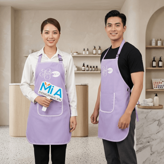 Tạp dề tiệm nail màu tím lavender viền ren túi bầu in logo Thuý Nail