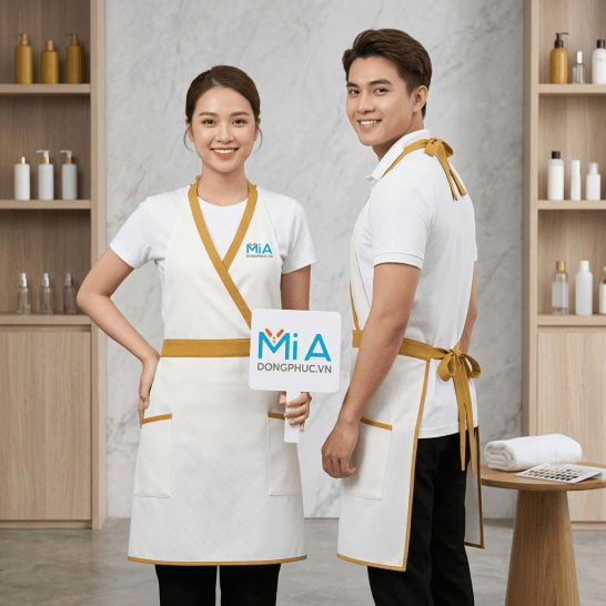Tạp dề tiệm nail màu trắng kem viền vàng đồng dáng chéo eo, mẫu tham khảo
