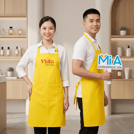 Tạp dề tiệm nail màu vàng in logo Vista Nail Spa