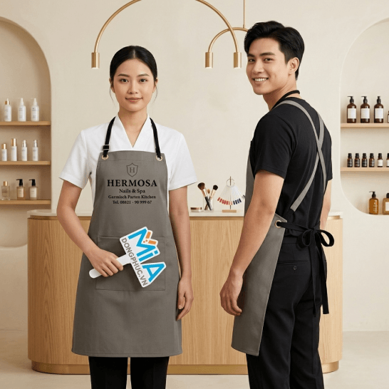 Tạp dề tiệm nail màu xám đậm thêu logo Hermosa Nails & Spa