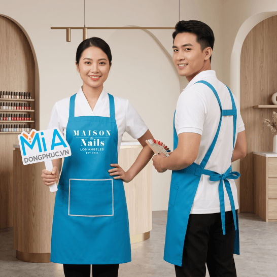 Tạp dề tiệm nail màu xanh da đeo vai dây chữ H sau lưng in logo Maison de Nails Los Angeles