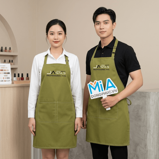 Tạp dề tiệm nail màu xanh rêu (olive) 2 túi in logo JA Jennamys Nails Professional Nail
