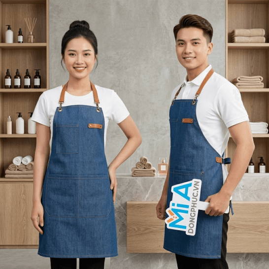 Tạp dề tiệm nail vải jean xanh dây da nâu túi vuông, mẫu trơn chưa in logo