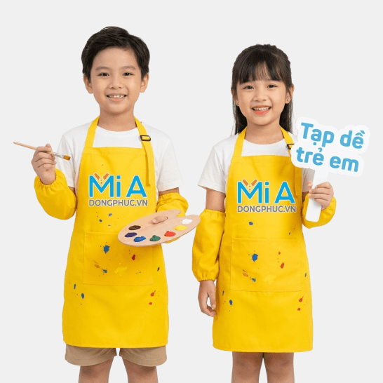Tạp dề trẻ em màu vàng may theo yêu cầu, in logo trường