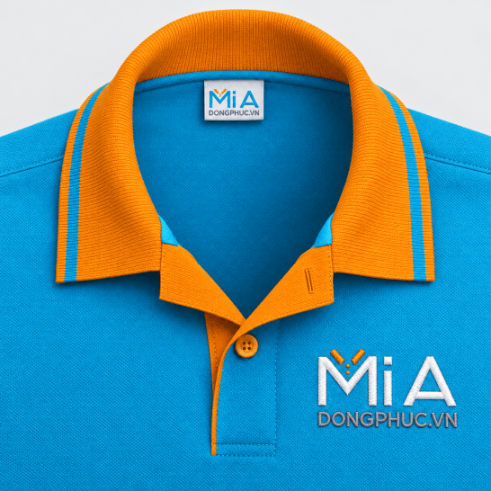 Áo thun cổ bo trụ cài nút kiểu polo phối màu xanh cam thêu logo vi tính tại Mi A Áo thun cổ bo trụ cài nút kiểu polo phối màu xanh cam thêu logo vi tính tại Mi A
